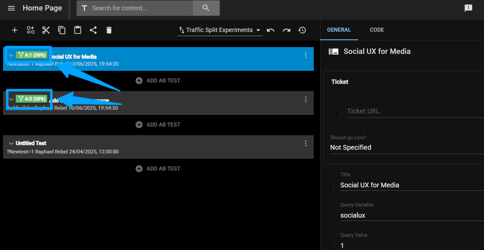 A/B test interface with traffic split labels and test details highlighted.