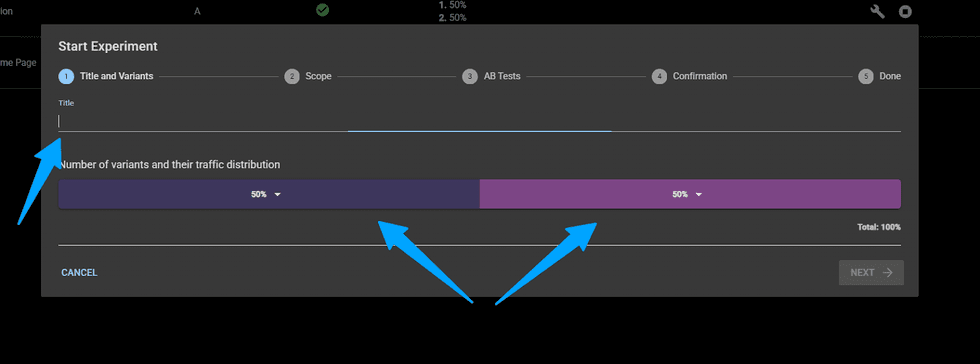 A/B test setup screen with 50% traffic distribution for two variants.
