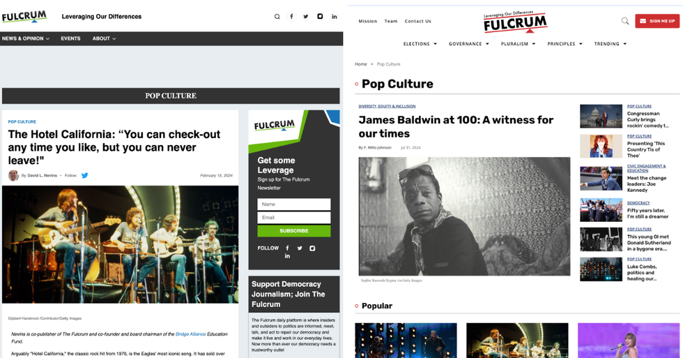 a comparison of the old and new versions of section pages on The Fulcrum