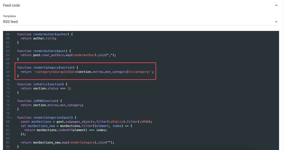a function in the RSS feed that maps content to MSN categories