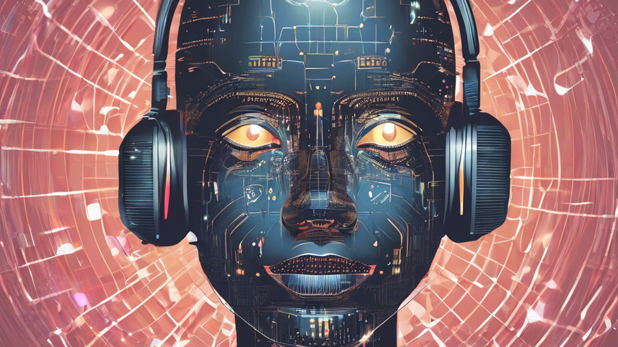 a futuristic AI face wearing headphones against a digital, glowing background