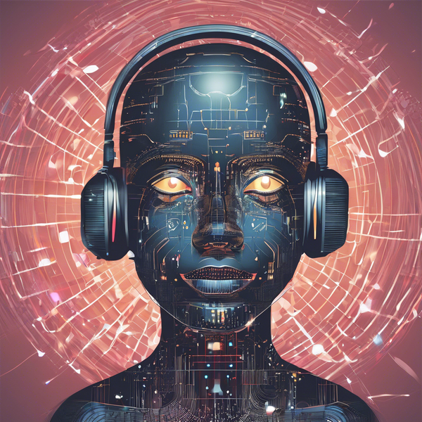 a futuristic AI face wearing headphones against a digital, glowing background