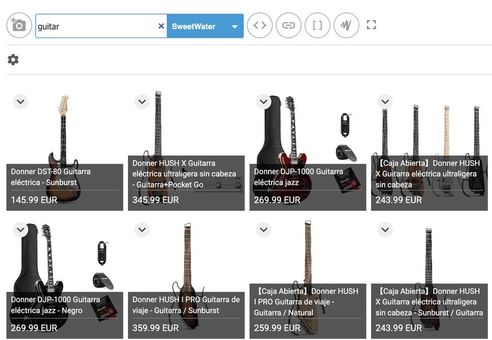 A list of products from Sweetwater based on search criteria 'guitar'
