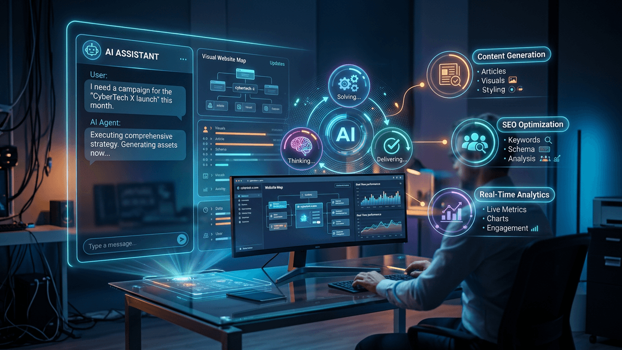 a man sits at a computer and types in a prompt in a chat interface for a marketing campaign that the AI then conceptually delivers automatically