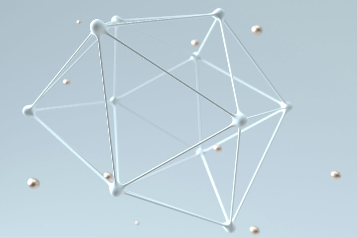 Abstract 3D geometric wireframe with small floating spheres on a light background.