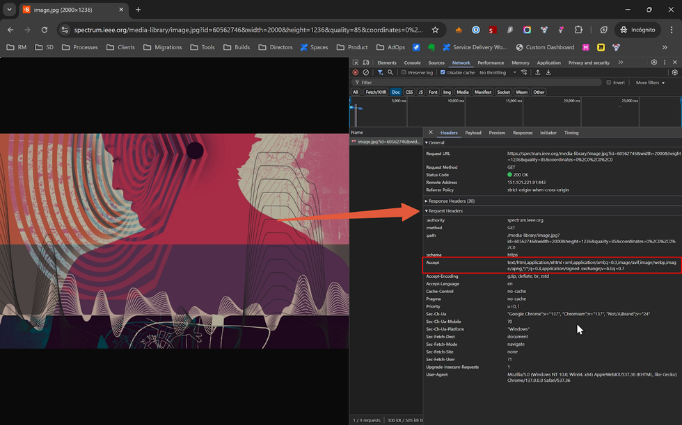 Abstract wavy design on the left, network inspection tool on the right with highlighted headers.