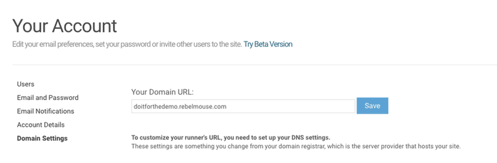 Account settings page with domain URL entry and save button.