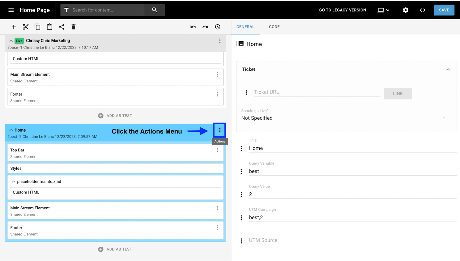 Actions menu to duplicate, remove, or set your live test