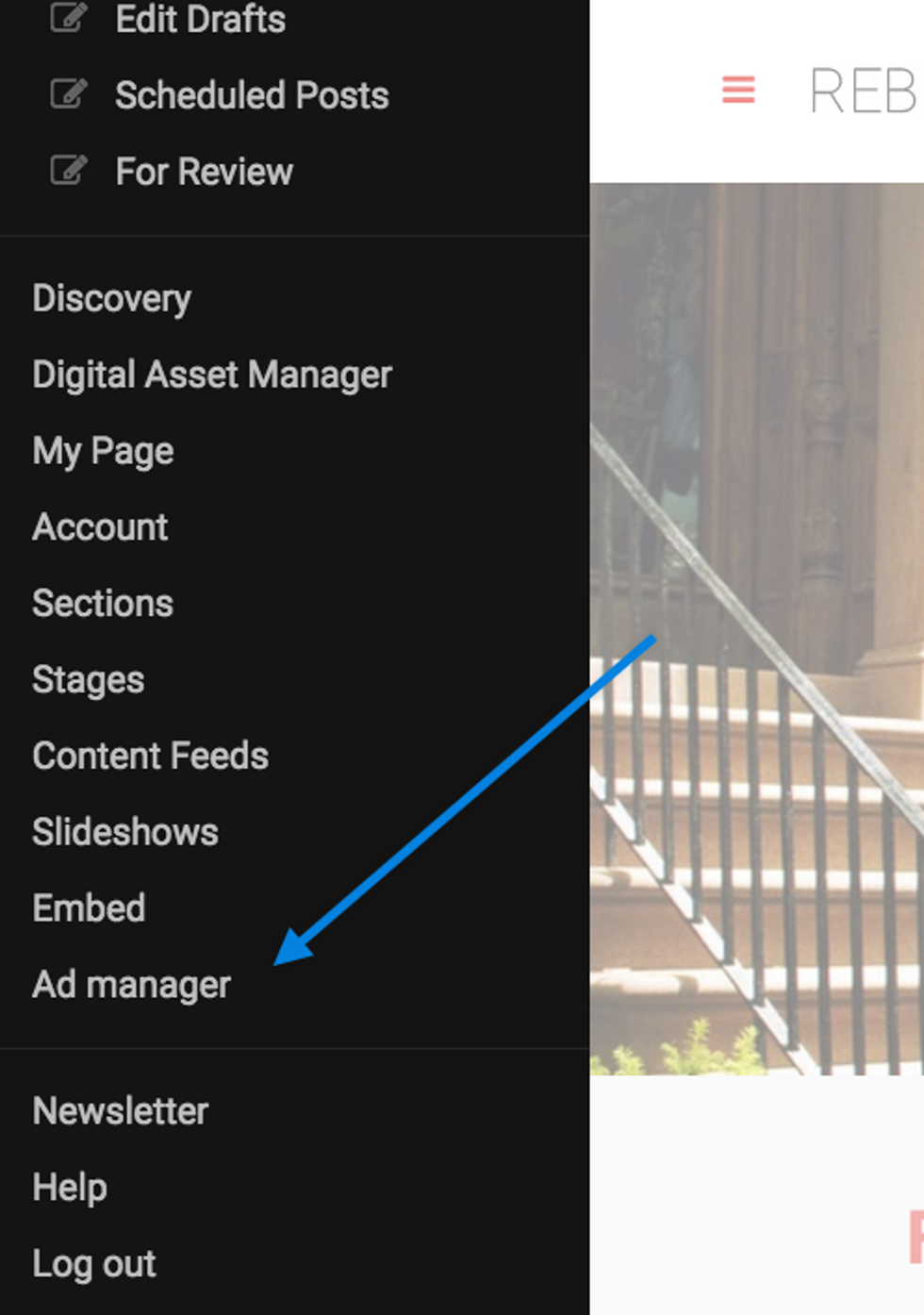 Ad Manager option in the left hamburger menu