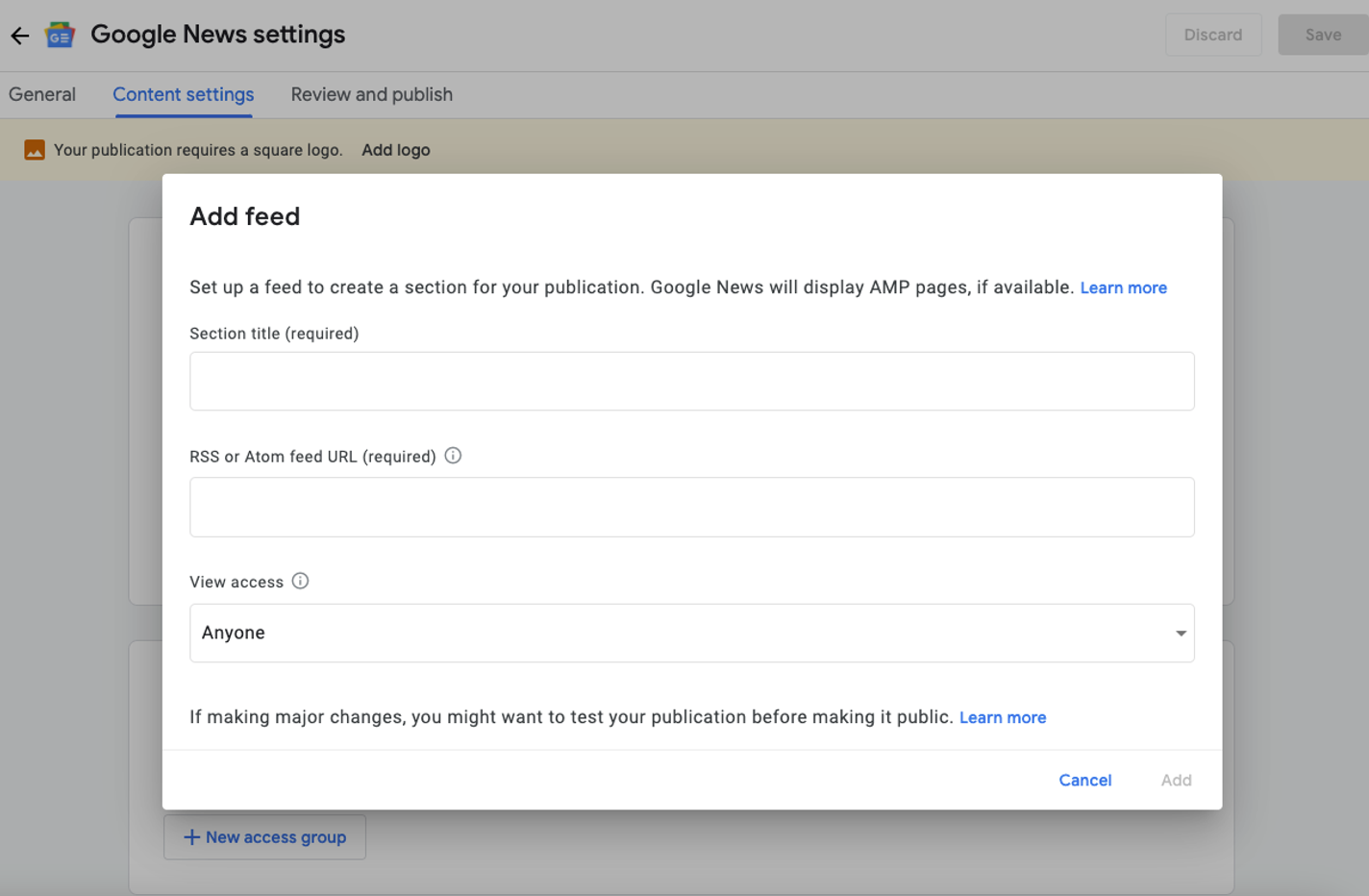 add google news feed to publisher center
