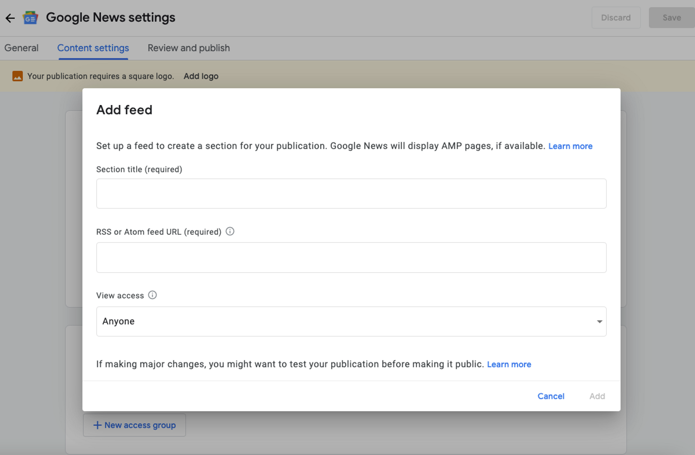 add google news feed to publisher center