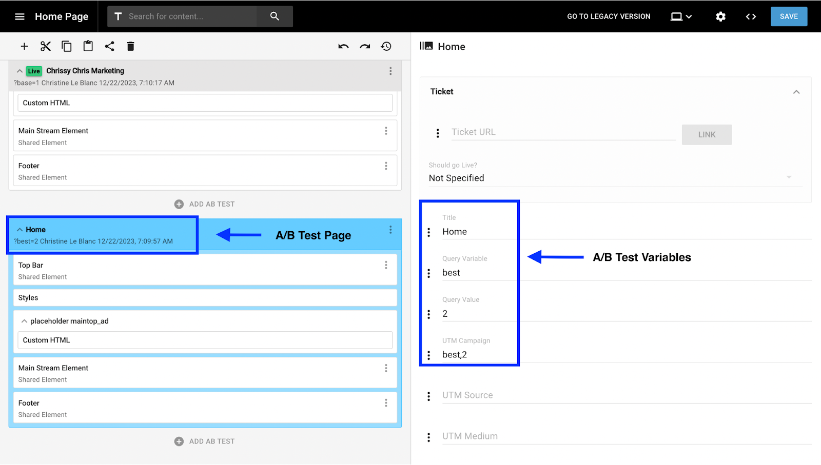 Adding A/B test page and variables for home page