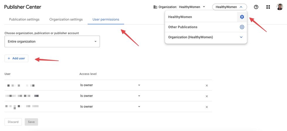 adding users to Google Publisher Center