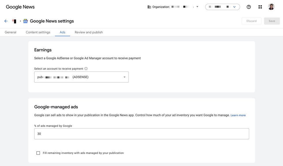 Ads settings in Google News