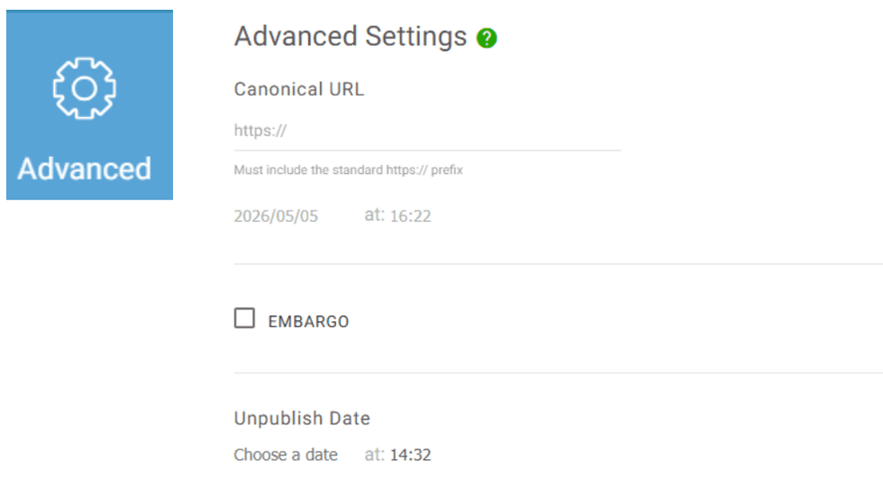 Advanced settings panel with Canonical URL and embargo options.