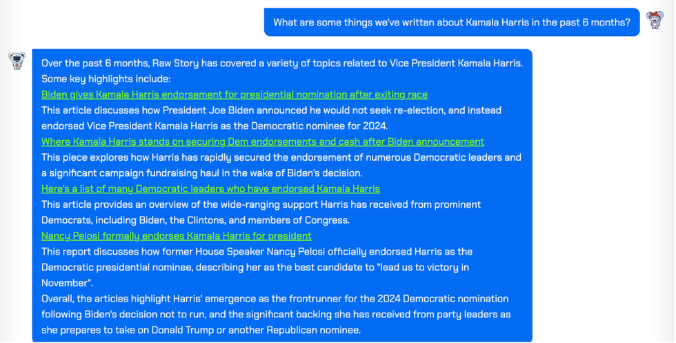 AI chatbot provides Raw Story stories about Kamala Harris with links