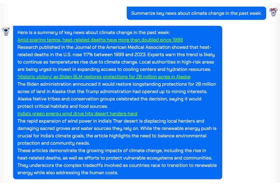 AI chatbot surfaces key news about climate change in the last week on Raw Story along with links