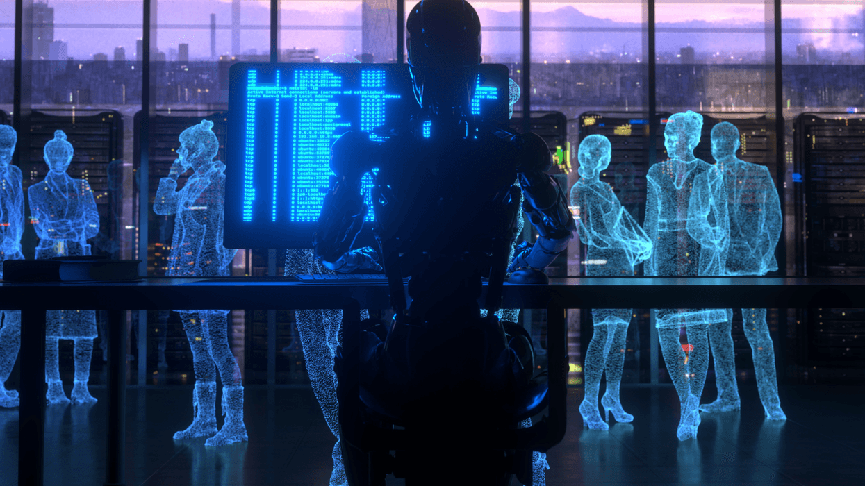 AI or Die: People in futuristic working setting being aided by AI
