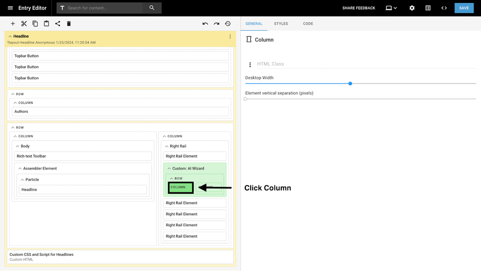 AI prompt column customization settings.