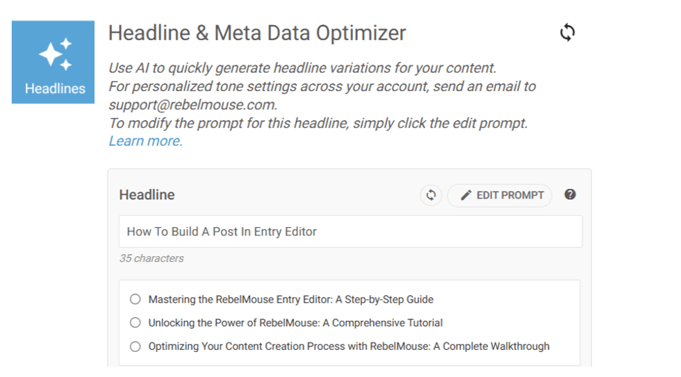 AI tool screenshot for generating and optimizing content headlines.