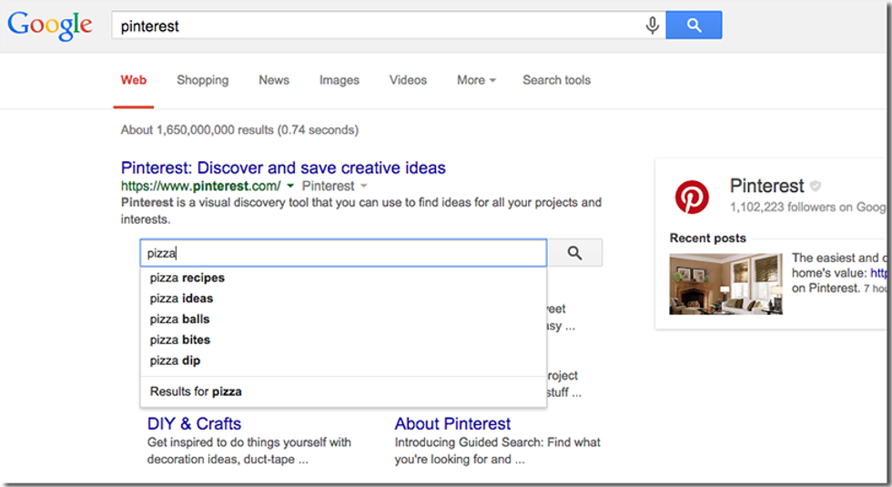 an example of a website-based search bar in Google Search results for Pinterest