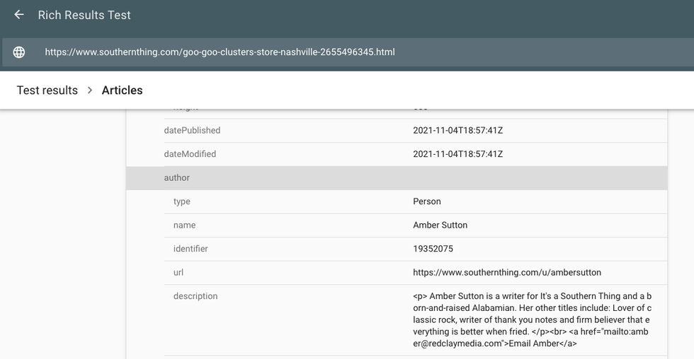 an example of author structured data for It's a Southern Thing in Google's Rich Results Test