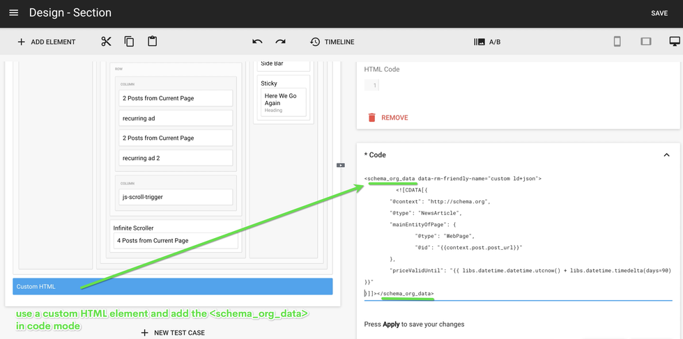 an example of schema_org_data being populated in RebelMouse's Layout & Design Tool