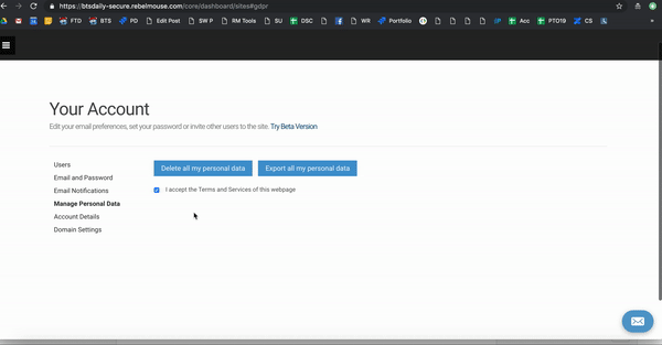 animation of how to download user information using RebelMouse's platform to comply with GDPR policies