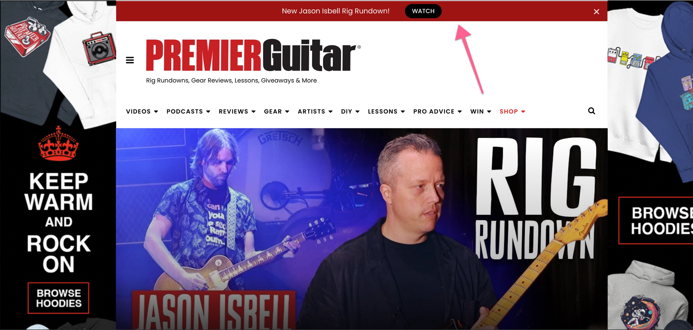 announcement bar sticky position at the top of Premier Guitar website page