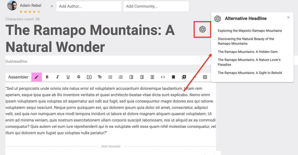 Article editor interface with headline suggestions for Ramapo Mountains.