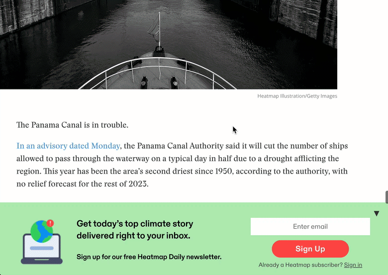 article scrolling GIF with a sticky sign-up CTA fixed at the bottom of the screen