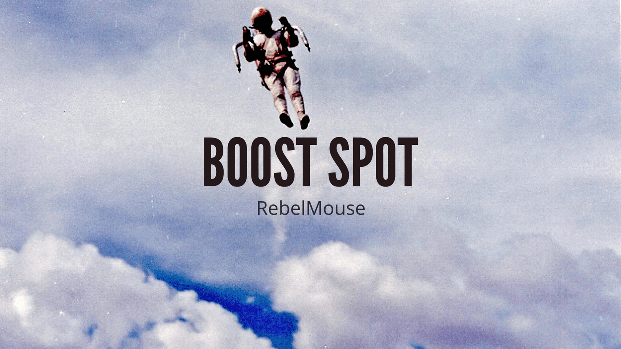 Astronaut with jetpack flying above clouds, text reads "BOOST SPOT RebelMouse".