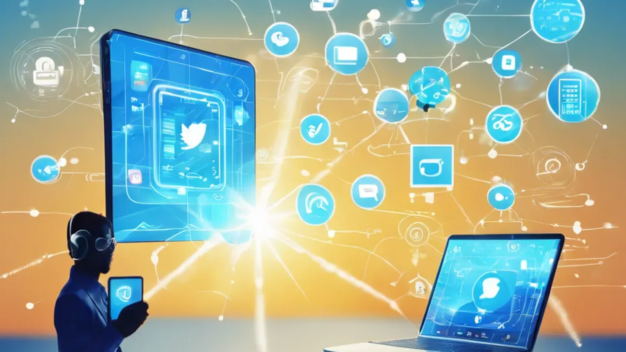 bright blue sky with sun shining with some tech layered over it depicting a high tech new social media platform