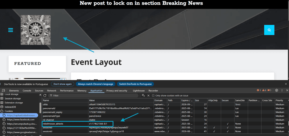 Browser dev tools showing cookies and a webpage about event layout and breaking news.