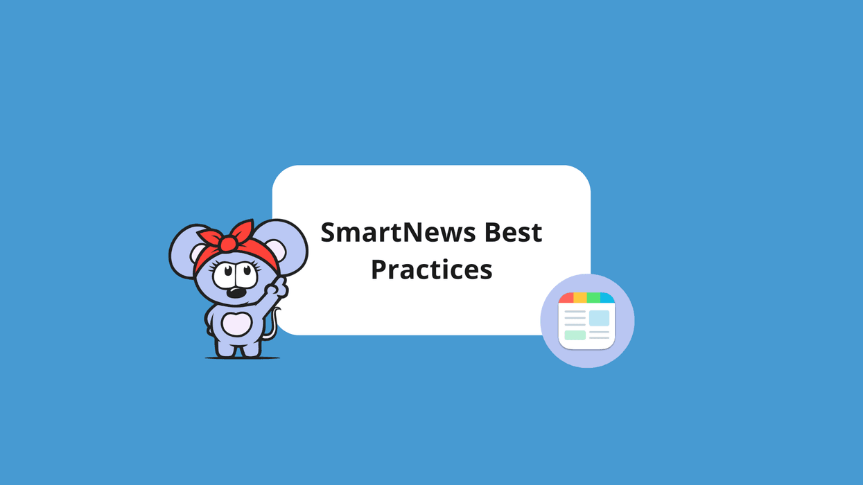 Cartoon mouse and tablet presenting "SmartNews Best Practices" on a blue background.
