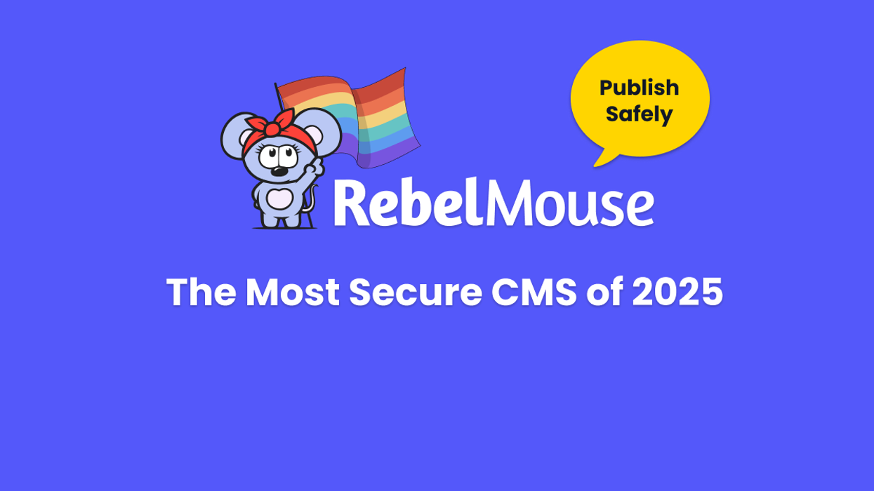 Cartoon mouse with rainbow flag, text: RebelMouse - The Most Secure CMS of 2025.