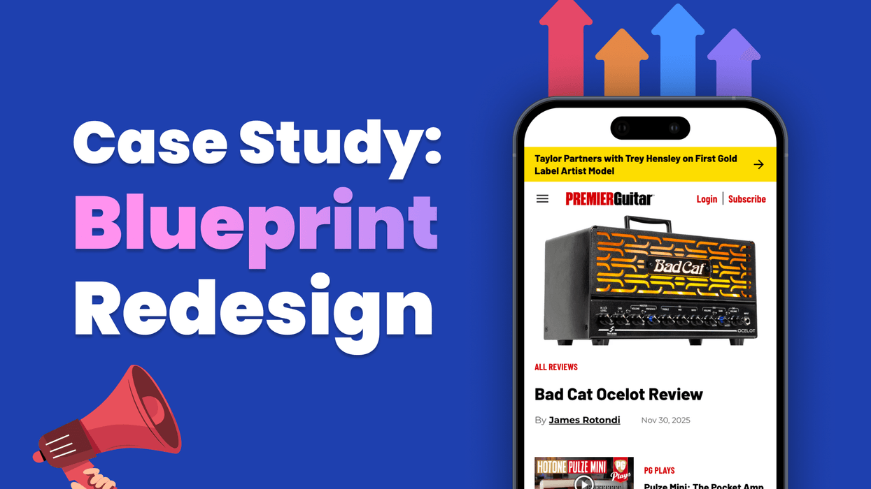 "Case Study: Blueprint Redesign with phone displaying 'Bad Cat Ocelot Review' article."