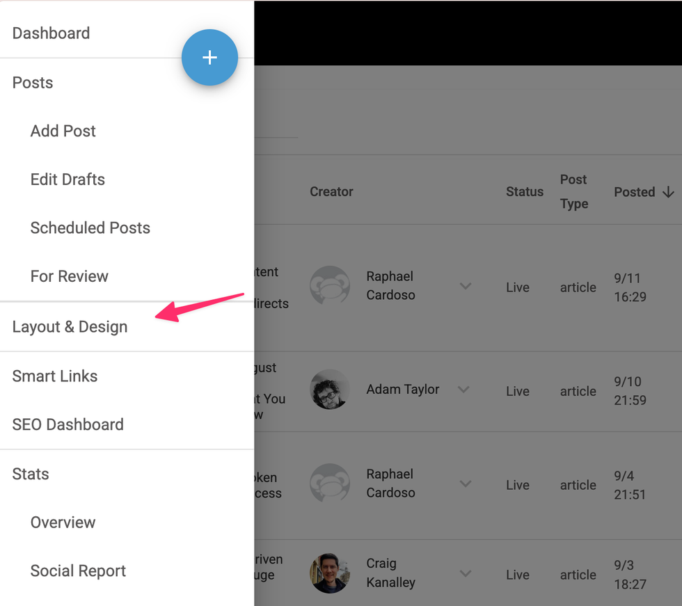 CMS menu with "Layout & Design" highlighted