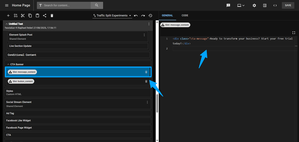 Code editor displaying content setup for a banner message in a web project.