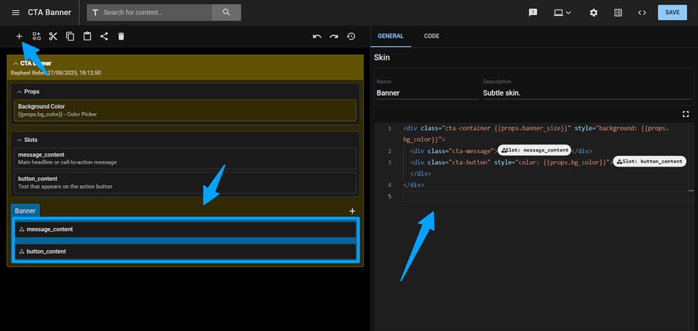 Code editor with highlighted CTA banner components and slots.