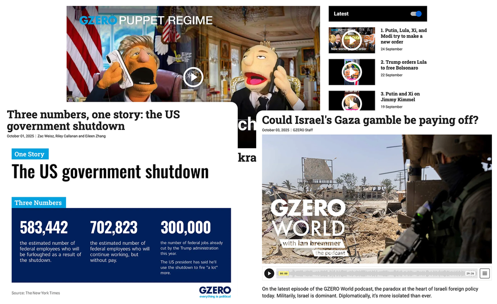 Collage of GZERO media headlines on U.S. shutdown and Israel's Gaza situation.