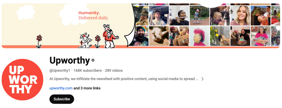 colorful cover photo from Upworthy on YouTube shows their brand identity