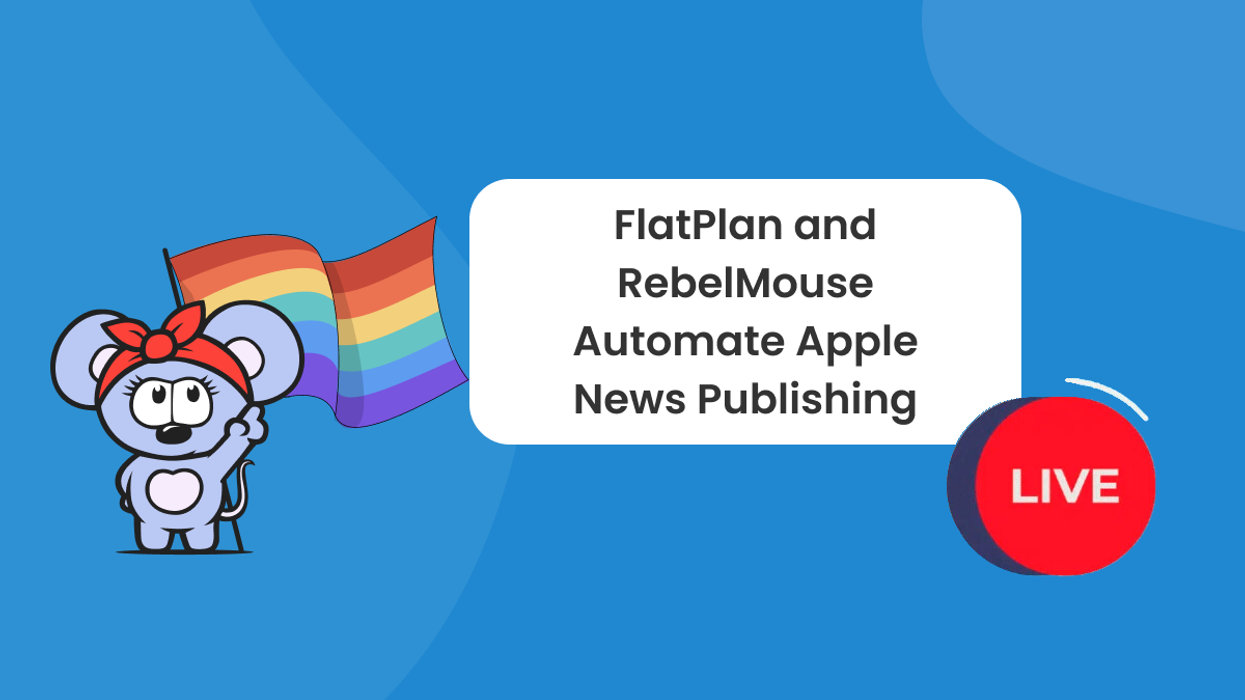 Colorful flag RebelMouse logo points to title of the article next to live news icon