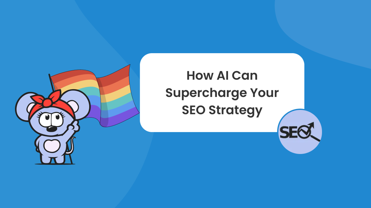 Colorful flag RebelMouse logo points to title of the article next to SEO magnifying glass and uptrend arrow icon