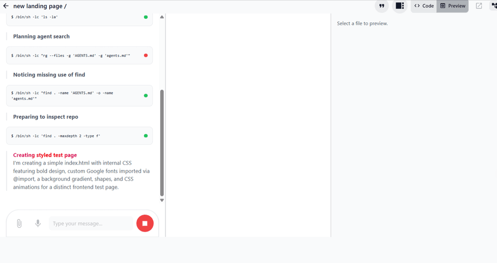 Command-line interface with shell commands and descriptions in a chat layout.