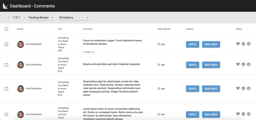 Comments dashboard displaying user comments with options to reply or ban.