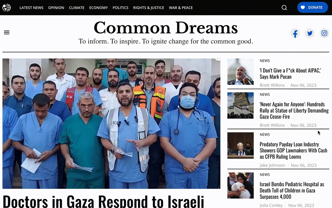 Common Dreams website scrolling GIF with a sticky navigation menu at the top