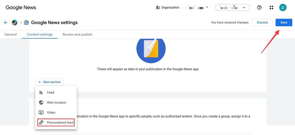 Content settings for personalized feed