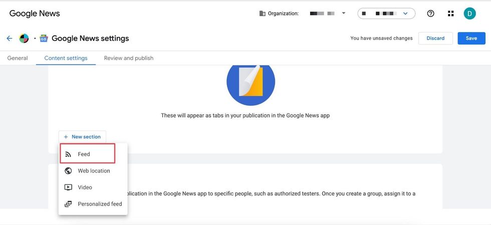 Content settings to add feeds