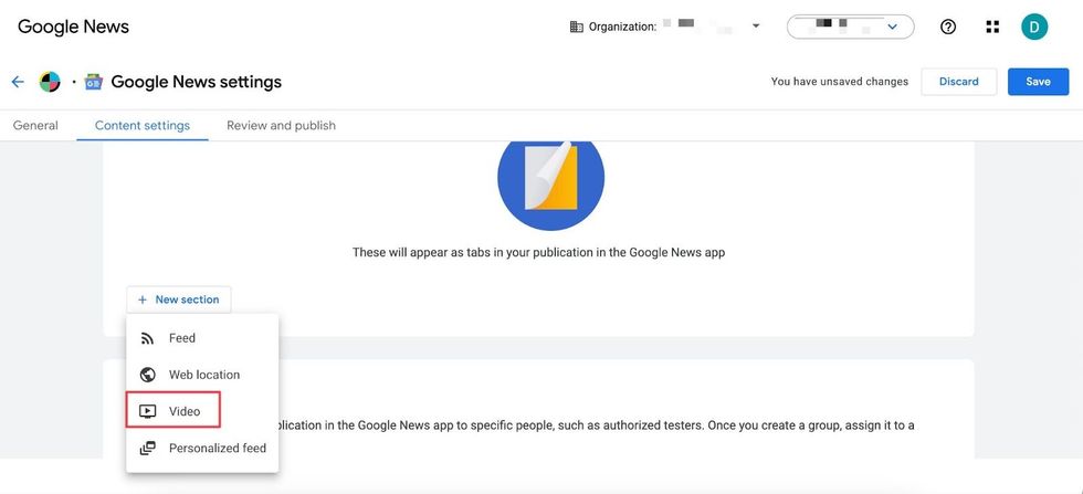 Content settings to add video content